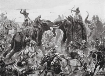 バダミにおけるマハマッラ・パッラヴァによるプーリケシン2世チャールキヤの敗北、AD642年（リトグラフ）