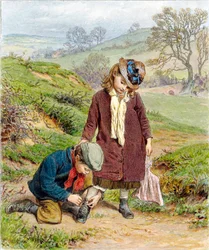 パブで妹の靴を結ぶ兄。 1854年。