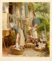 母親と子供たちが洗濯、パブをぶらぶら。 1854年。