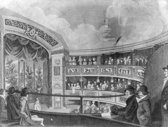 1816年にヘンリーリチャードクックによって彫刻されたドゥルーリーレーン近くのオリンピック劇場の内部