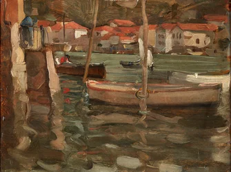 コンカルノーのハーバーキーで手漕ぎボート（パネルに油彩）