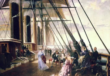イザムバード・キングダム・ブルネル(1806-1859)による蒸気船と車輪付きの「グレート・イースタン」号にて。