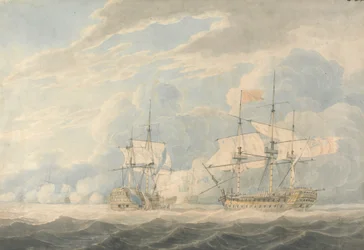 1797 年 10 月 11 日のキャンパーダウンの戦いで、デ ウィンター提督率いるオランダ中将がダンカン提督率いるイギリスのオンスロー中将に旗をたたきつけている