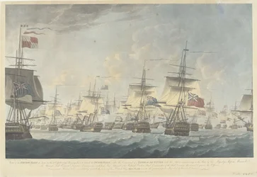 カンパードゥインの戦い (1797): イギリス艦隊による攻撃 1797 年 10 月 11 日の正午のイギリス艦隊の眺め、オランダ艦隊を攻撃するために降下中 (...) (オブジェクトのタイトル)