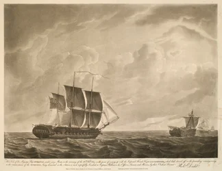 この眺めは、1814年2月26日の朝、前日の夕方に離岸したフランス帝国フリゲート艦ラ・クロランデに接近しようとしていた、水軍マスト下の陛下の船ユーロタスのものである。