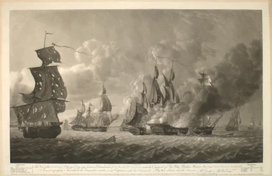 1794年ジョージの日、ジョン・ボルレーズ・ウォレン・バー卿指揮下の 陛下のフリゲート艦の分隊と4隻のフレンチ・フリゲート艦との間で行われたこの戦闘の様子は、提督と、提督の指揮下にある数隻の船長に謹んでお送りする。