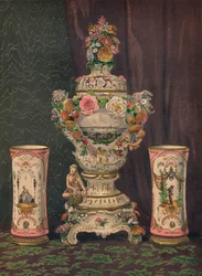ドレスデン磁器の花瓶と磁器ビーカーのペア、1863年。