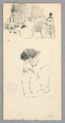 素描《ロバと2人の人物；扇を持つ女性》1882年