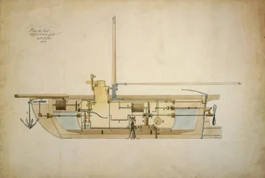 最初の潜水艇ノーチラス号の原図。発明者ロバート・フルトン（1765-1815）が1806年にアメリカ上院へ提出したもの。