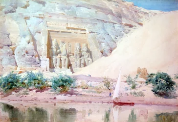 アブ・シンベル」、水彩画。ロバート・タルボット＝ケリー（1861-1934）イギリスの東洋主義風景画家。ナイル川から見た入り口のラムセス2世の大石灰岩像。エジプト 風景 水 遺跡