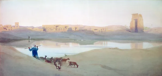 聖なる湖、カルナック」1900年頃。水彩画。ロバート・タルボット＝ケリー（1861-1934）イギリスの東洋主義風景画家。エジプト 風景 水 遺跡 山羊飼い