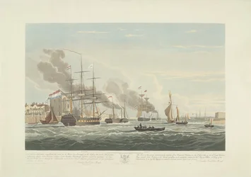 1833年、ポーツマス港からの12隻のオランダ商船の出発（プレート2） この 3 枚のプレートのセットは、1833 年 6 月 2 日にポーツマス港を出港する 12 隻の Nederlandsche Koopvaardy 船の通商禁止を描いています。