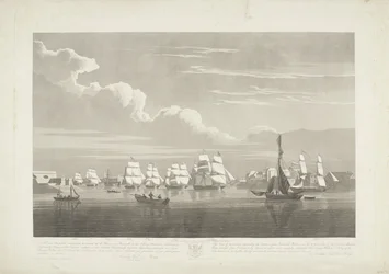 1833年、ポーツマス港からの12隻のオランダ商船の出発（プレート1） 1833 年 6 月 2 日のポーツマス港からの出港を描いたこの 3 枚のプレートのセットは、禁輸措置から解放された 12 隻の Nederlandsche Koopvaardy 船のうちの 1833 年 6 月 2 日です。