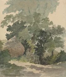 A Country Lane with Haystack and Gate   1442461   ja       japanese Successfully Translated  Original: Hermann and Dorothy at fountain, illustration for Hermann and Dorothea, idyll by Johann Wolfgang von Goethe (1749-1832), engraving after drawing by Ernst