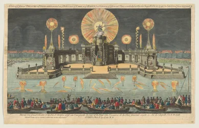 1794 年、オハイオ州ヘーグの裁判所近くの水上に建てられた大劇場と花火の眺め。