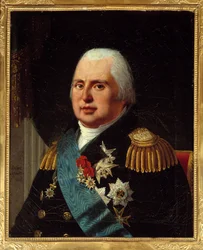 レジオン・ドヌール勲章と聖霊降臨祭の紐をつけた軍服を着たフランス王ルイ18世（1755-1824）の肖像。ロベール・ルフェーヴル（1755-1830）による絵画 1814年 日0.73x0.6 m パリ、カルナヴァレ美術館 - ルイ18世の肖像