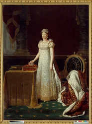 ナポレオン1世の妻であり、帝国のレジェンテを代表するオーストリアのマリー・ルイーズ（Marie-Louise）（1791年～1847年）の印象的なポートレートで、1812年にナポレオンから寄贈されたショーメのダイヤモンドセットを身につけている - 背後にはナポレオンの "N "を飾ったエンパイアスタイルのアームチェアがある。