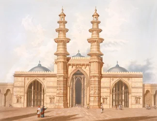 アーメダバードの揺れるミナレット（『インドの風景・衣装・建築』第1巻より）、エッチング：G.ホーキンス、彫刻：T.フィールディング、彩色：J.B.ホガース