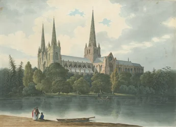 リッチフィールド大聖堂-南西ビュー：水彩画、1824年7月（絵画）