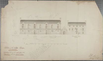1827年の大学図書館の建築図（紙に鉛筆とトイレ）