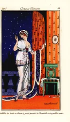 水玉模様のリネンにレースとバラをあしらったイブニングガウンを着た女性。Toilette de nuit en linon a pois garnie de dentelle et de petites roses.トマソ・アントンジーニの『日誌』に掲載されたロベール・ピケノの挿絵に基づく、手彩色のポショワール（ステンシル）エッチング。