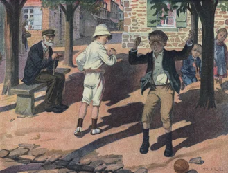 仲間とのゲーム中に怒る少年（悪いプレイヤー）。ロベール・サレス（1871-1929）による「Je sais Lire」の挿絵。