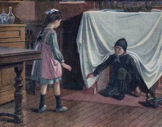 すすにまみれた若い煙突が、シートで覆われた煙突を残していきます。彼は、彼を悪魔だと思っている少女を怖がらせる。ロベール・サレス（1871-1929）による「Je sais Lire」の挿絵。