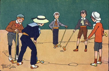 Ball by hours（ボールとマレットを使ったスキルゲーム）。E.ウェーバーの「What are we playing?「ロベール・サレス（1871-1929）の水彩画によるE.ウェーバーの作品。パリ、ガルニエ・フレール社