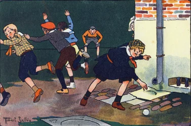 壁に弾を当てる。E.ウェーバーの「What are we playing?「ロベール・サレス（1871-1929）の水彩画によるE.ウェーバーの作品。パリ、ガルニエ・フレール図書館