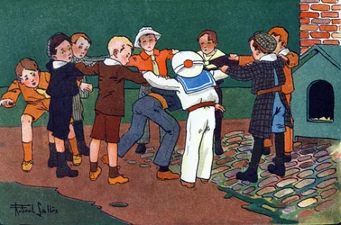 ネコとネズミ。"What are we playing? "のエングレーヴィング。"ロベール・サレス（1871-1929）の水彩画によるE.ウェーバーの作品。パリ、ガルニエ・フレール出版社