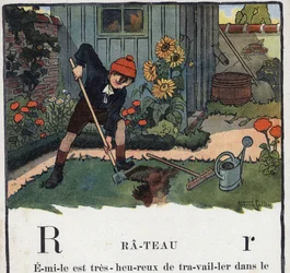 子どもの本「I will read - パパによる方法的で楽しいアルファベット」1926年。挿絵はRobert Salles（1871-1929）。Abecedaire：Rの文字はRake（熊手）。少年の家の庭での出来事。