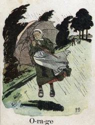 子どもの本「I will read - パパによる方法的で楽しいアルファベット」1926年。ロベール・サレス（1871-1929）のイラスト。"Storm": 雨の中の女性が傘で避難している。