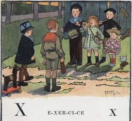 児童書「私は読む - ある父親による体系的で楽しいアルファベット」、1926年。ロベール・サルによる挿絵（1871-1929）。アルファベット読本：練習としての文字X。子供たちは兵隊ごっこをする。