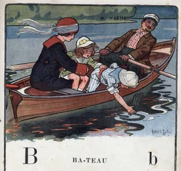 子どもの本「I will read - パパによる方法的で楽しいアルファベット」1926年。ロベール・サレス（1871-1929）のイラスト。アベセデール：Bの文字はボート。ボートに乗った家族が散歩をしています。