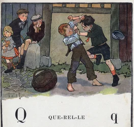 子どもの本「I will read - パパによる方法的で楽しいアルファベット」1926年。挿絵はRobert Salles（1871-1929）。Abecedaire: QuerelleのようなQの文字。二人の少年が庭で喧嘩をしている。