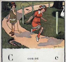 子どもの本「I will read - パパによる方法的で楽しいアルファベット」1926年。ロベール・サレス（1871-1929）によるイラスト。アベセダリー：Cの文字が縄になっています。二人の女の子が縄跳びをして遊んでいます。