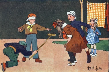 コリン・メイラード（colin-maillard）。エングレービングは、"What are we playing?「E.ウェーバー作、ロベール・サレス（1871-1929）の水彩画による挿絵。パリ、ガルニエ・フレール社（Librairie Garnier Freres）所蔵