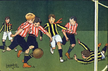 サッカー。E.ウェーバーによる「What are we playing?「ロベール・サレス（1871-1929）の水彩画によるE.ウェーバーの作品。パリ、ガルニエ・フレール社