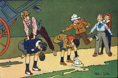 ジャンプ羊。E.ウェーバーの「What are we playing?「ロベール・サレス（1871-1929）の水彩画によるE.ウェーバー作。パリ、ガルニエ・フレール社（Librairie Garnier Freres