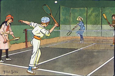 ローンテニス。E.ウェーバーによる「What are we playing?「ロベール・サレス（1871-1929）の水彩画によるE.ウェーバーの作品。パリ、ガルニエ・フレール社