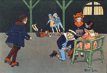 ローラースケート。E.ウェーバーによる「What are we playing?「ロベール・サレス（1871-1929）の水彩画によるE.ウェーバーの作品。パリ、ガルニエ・フレール社（Librairie Garnier Freres）。
