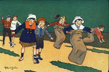 バッグレース。E.ウェーバーの「What are we playing?「ロベール・サレス（1871-1929）の水彩画によるE.ウェーバーの作品。パリ、ガルニエ・フレール社