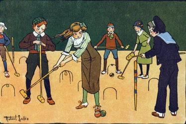 クロケットのこと。E.ウェーバーの「What are we playing?「ロベール・サレス（1871-1929）の水彩画によるE.ウェーバー作。パリ、ガルニエ・フレール社