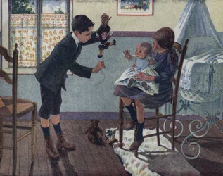 弟の教育：部屋の中で、お姉ちゃんの膝に座っている赤ちゃんが、お兄ちゃんの起こした人形を見ている。ロベール・サレス（1871-1929）による「Je sais Lire」の挿絵。