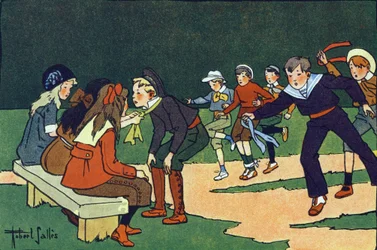 ジムカーナ（審判員のいる試走路のコース）。E.ウェーバーの "What are we playing?「ロベール・サレス（1871-1929）の水彩画によるE.ウェーバーの作品。パリ、ガルニエ・フレール社