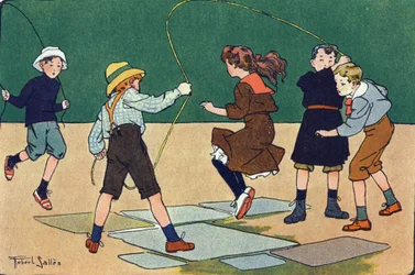 ジャンプはロープを持っています。E.ウェーバーの「What are we playing?「ロベール・サレス（1871-1929）の水彩画によるE.ウェーバーの作品。パリ、ガルニエ・フレール社