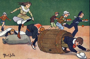 障害物競走の様子。E.ウェーバーの「What are we playing?「ロベール・サレス（1871-1929）の水彩画によるE.ウェーバーの作品。パリ、ガルニエ・フレール社