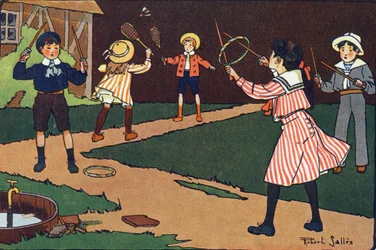 ステアリングホイールとグレイセスE.ウェーバーの「What are we playing?"ロベール・サレス（1871-1929）の水彩画によるE.ウェーバーの作品。パリ、ガルニエ・フレール社（Librairie Garnier Freres