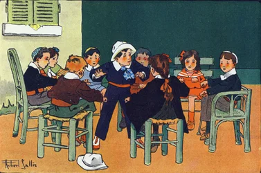 フェレットにE.ウェーバーの「What are we playing?「ロベール・サレス（1871-1929）の水彩画によるE.ウェーバーの作品。パリ、ガルニエ・フレール社