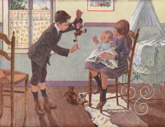 生まれたばかりの弟と遊ぶ2人の子供（カラーリトグラフ）